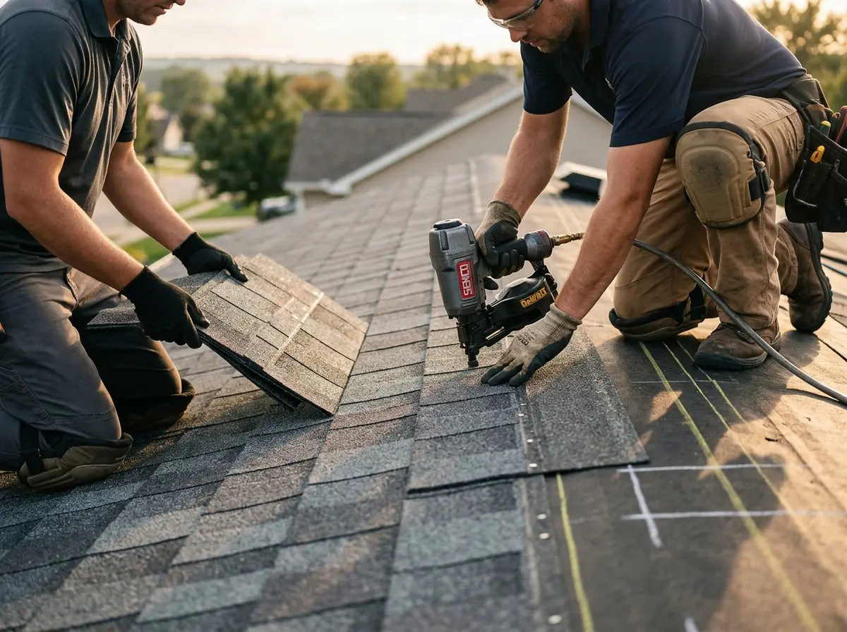 Professional roofer working on a residential roof in Fairview Heights